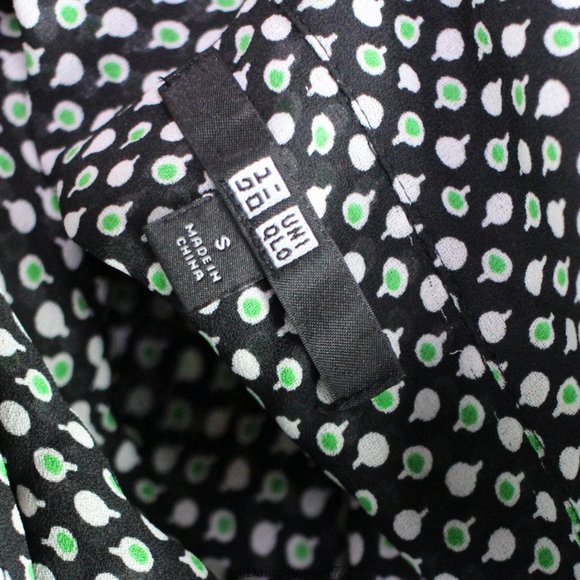 Uniqlo Women's Black White Green Polka Dot Button Up High Low Blouse  - Small - Picture 8 of 9